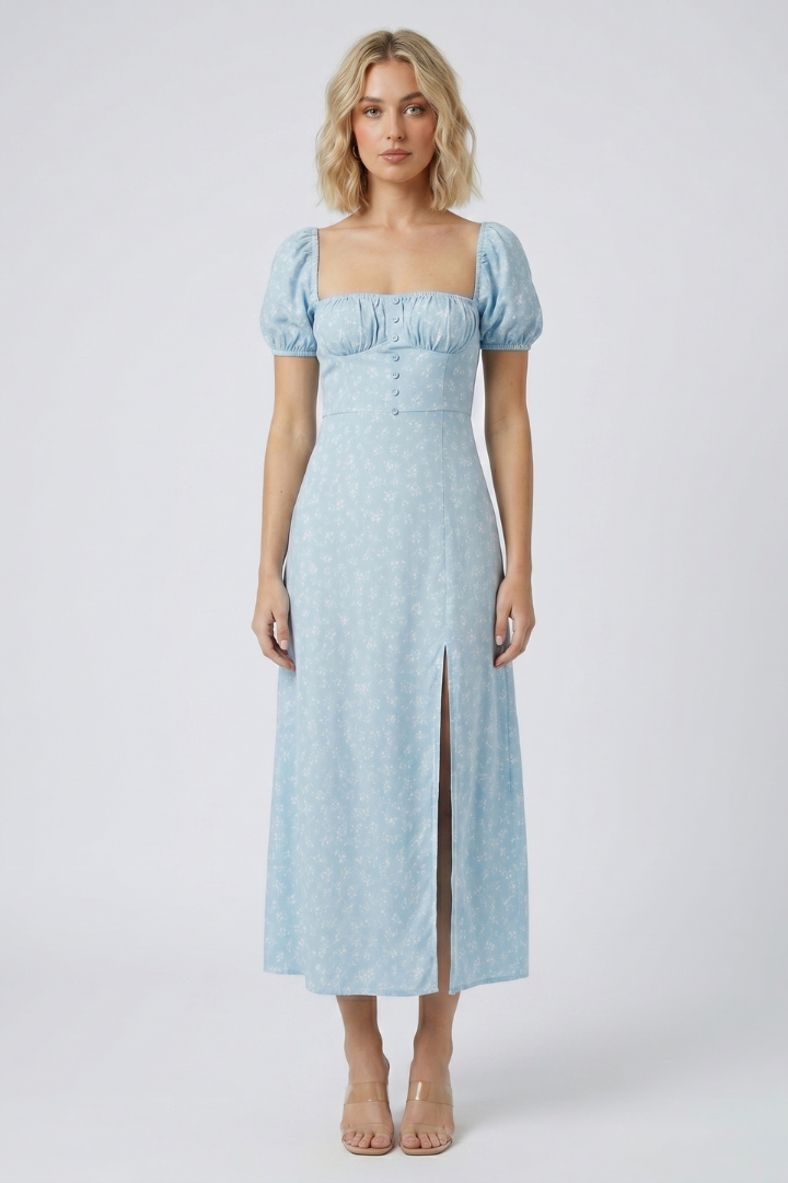 Yunae | Dames midi-jurk met vierkante hals – A-lijn zomerjurk met pofmouwen
