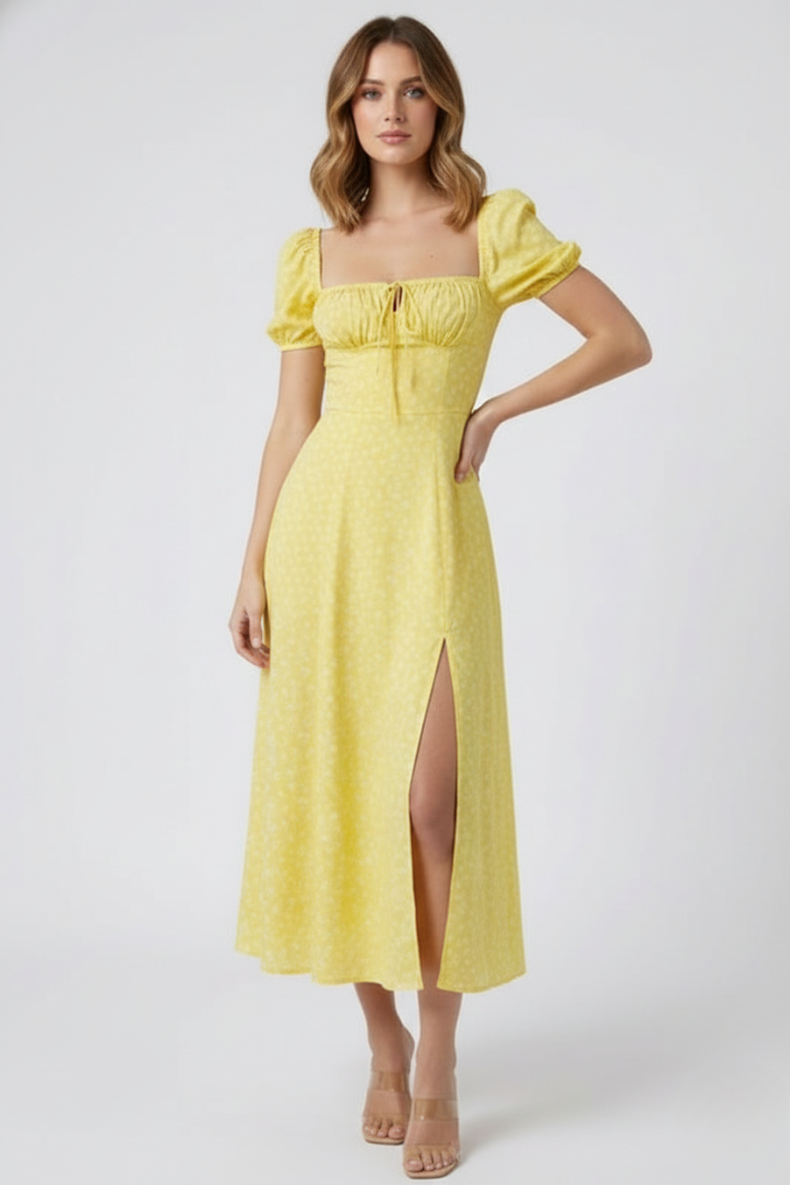 Yunae | Dames midi-jurk met vierkante hals – A-lijn zomerjurk met pofmouwen