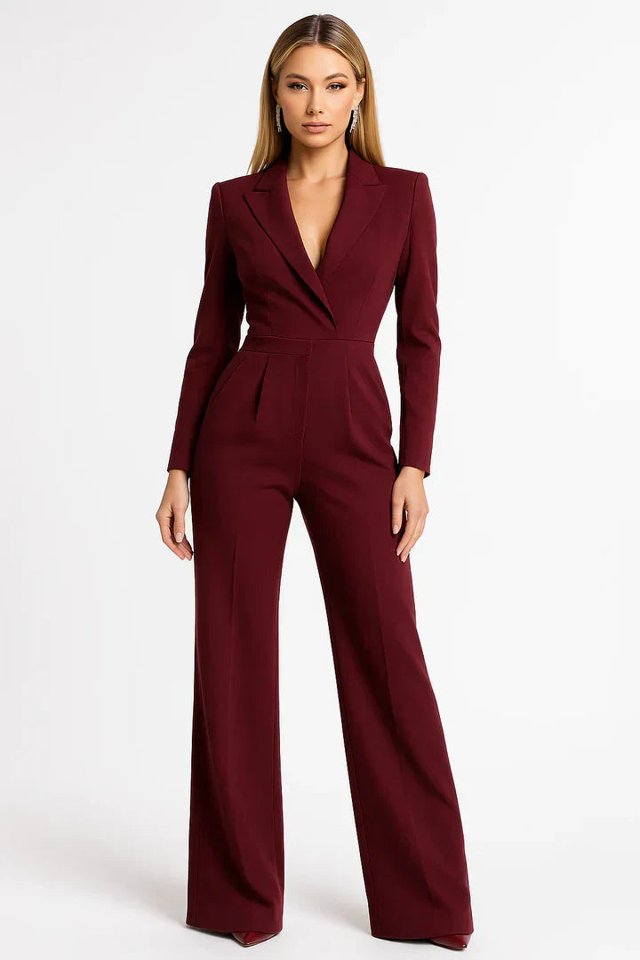 Luxe blazer jumpsuit dames – elegante V-hals jumpsuit met wide-leg pasvorm - Vittoria