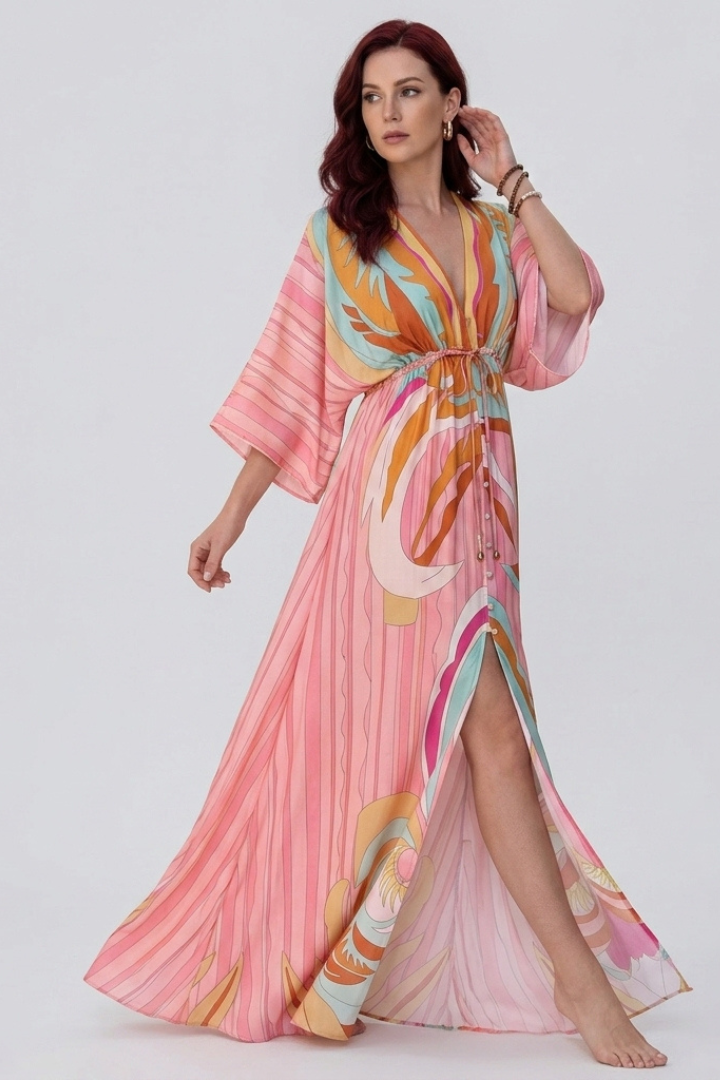 Yavina | Dames maxi-jurk – V-hals, knoopsluiting, ceintuur in de taille