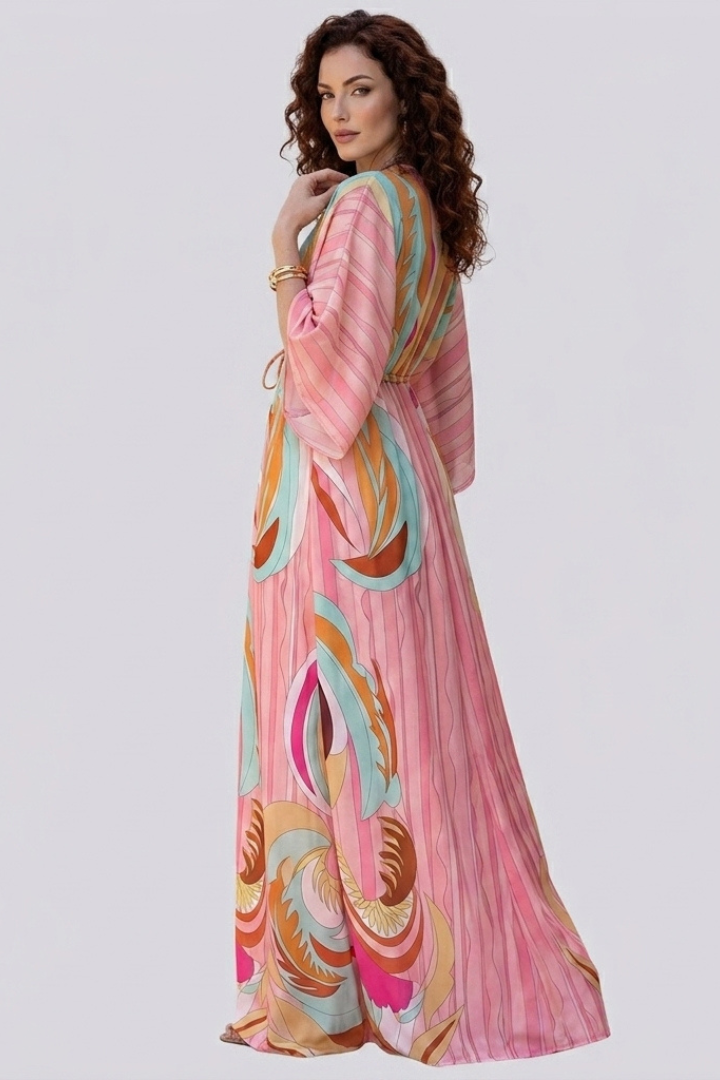 Yavina | Dames maxi-jurk – V-hals, knoopsluiting, ceintuur in de taille