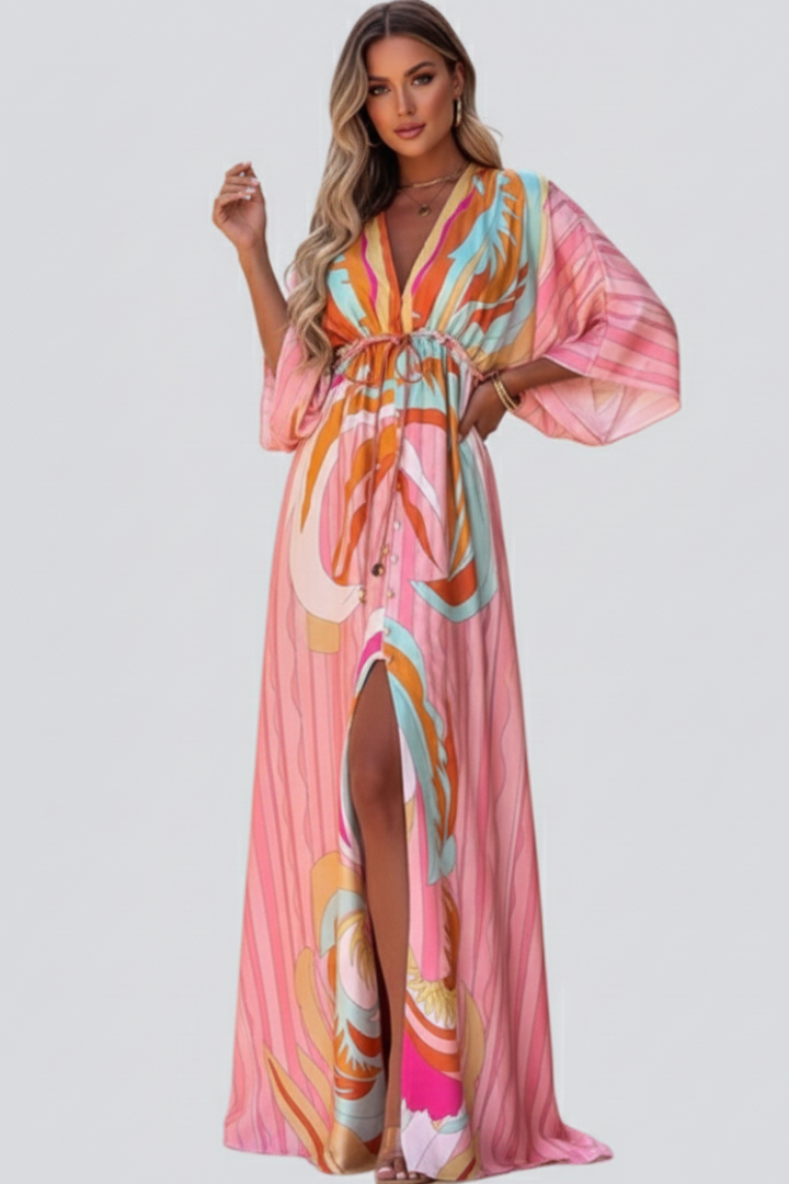 Yavina | Dames maxi-jurk – V-hals, knoopsluiting, ceintuur in de taille