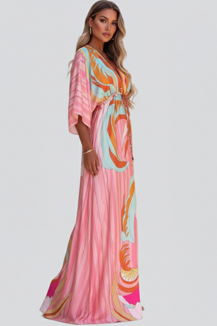 Yavina | Dames maxi-jurk – V-hals, knoopsluiting, ceintuur in de taille