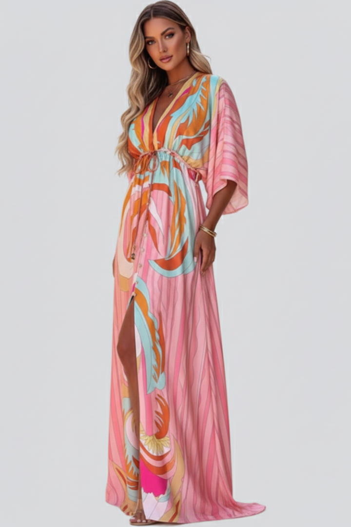 Yavina | Dames maxi-jurk – V-hals, knoopsluiting, ceintuur in de taille