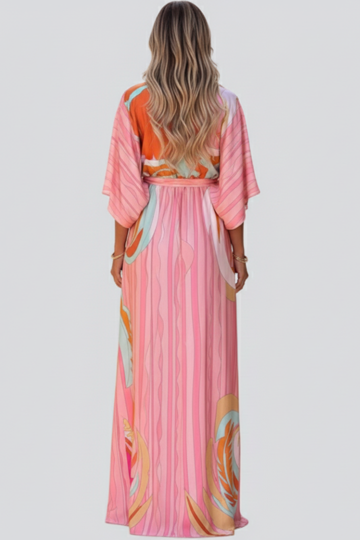 Yavina | Dames maxi-jurk – V-hals, knoopsluiting, ceintuur in de taille