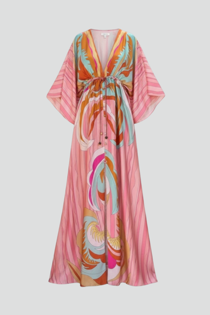 Yavina | Dames maxi-jurk – V-hals, knoopsluiting, ceintuur in de taille