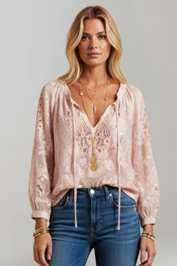 Azmira | Dames transparante gehaakte blouse – top met striksluiting bij de hals en lange mouwen
