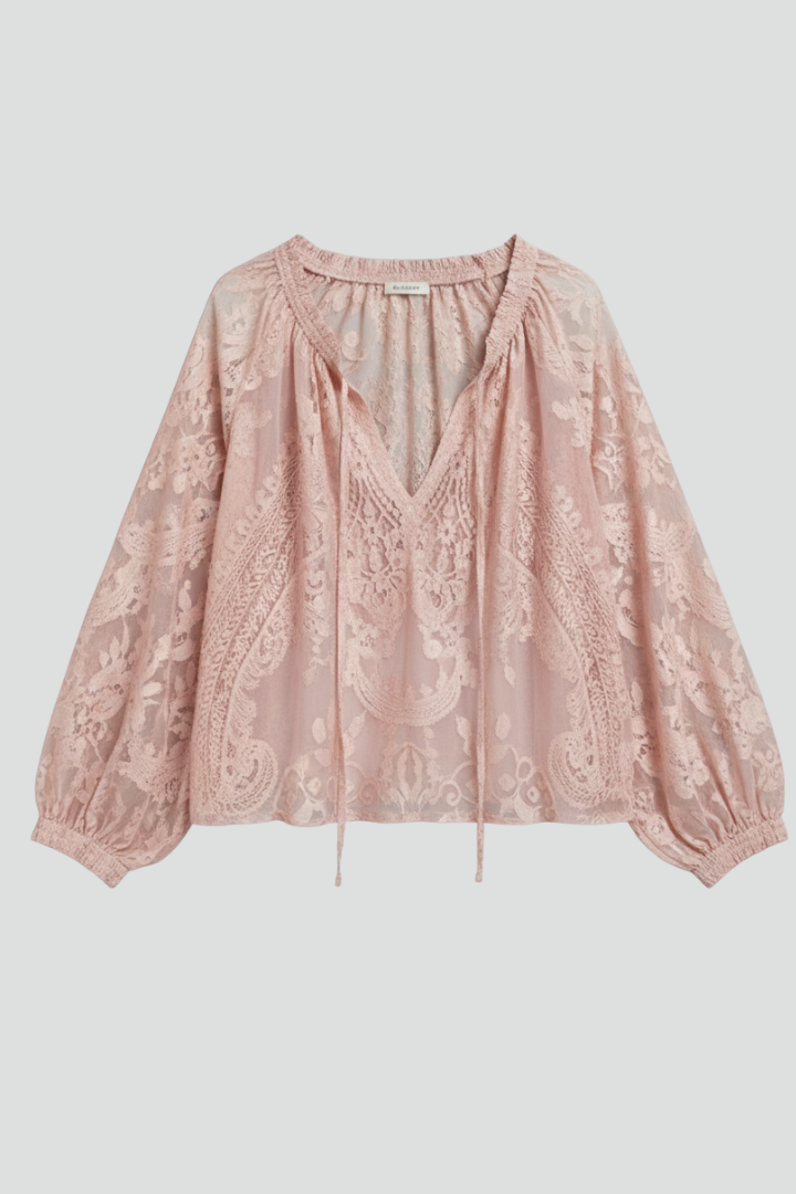 Azmira | Dames transparante gehaakte blouse – top met striksluiting bij de hals en lange mouwen