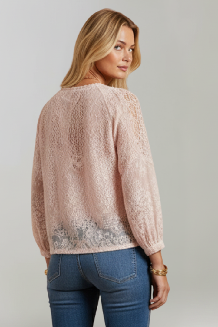 Azmira | Dames transparante gehaakte blouse – top met striksluiting bij de hals en lange mouwen