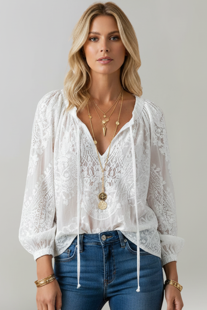Azmira | Dames transparante gehaakte blouse – top met striksluiting bij de hals en lange mouwen