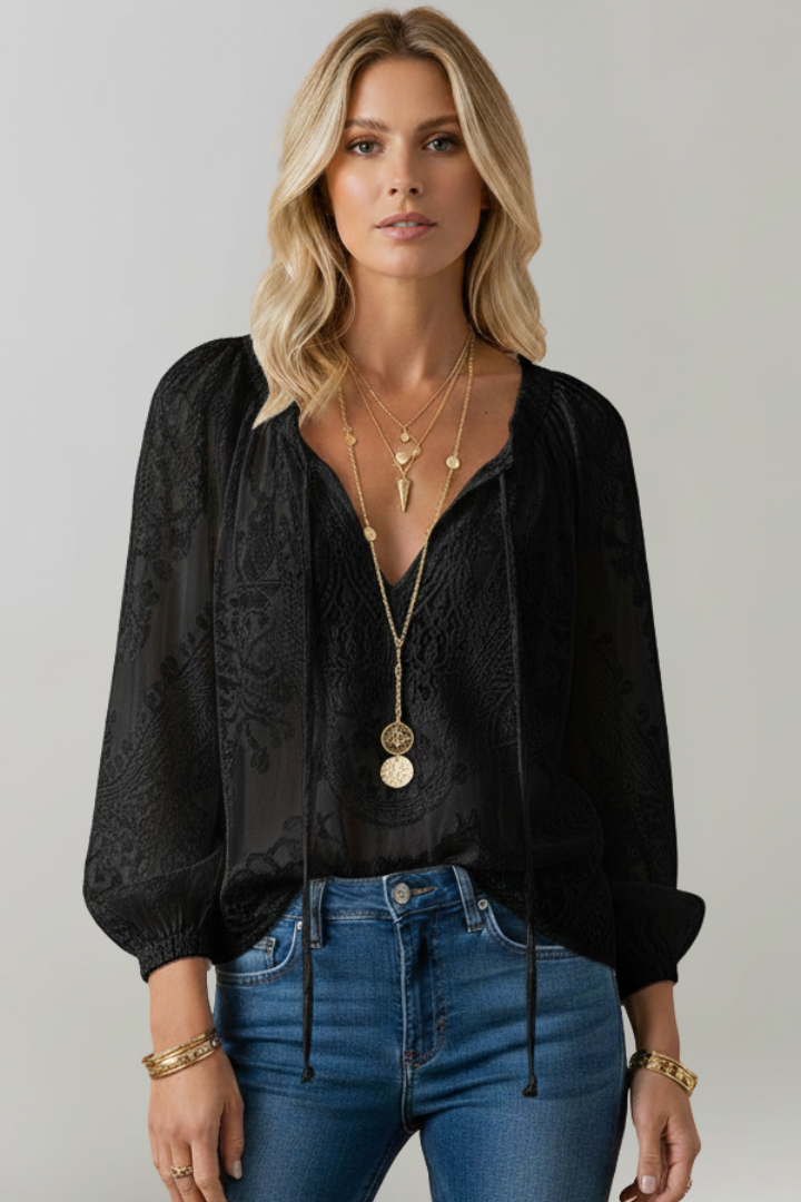 Azmira | Dames transparante gehaakte blouse – top met striksluiting bij de hals en lange mouwen