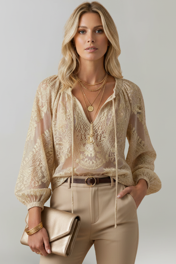 Azmira | Dames transparante gehaakte blouse – top met striksluiting bij de hals en lange mouwen