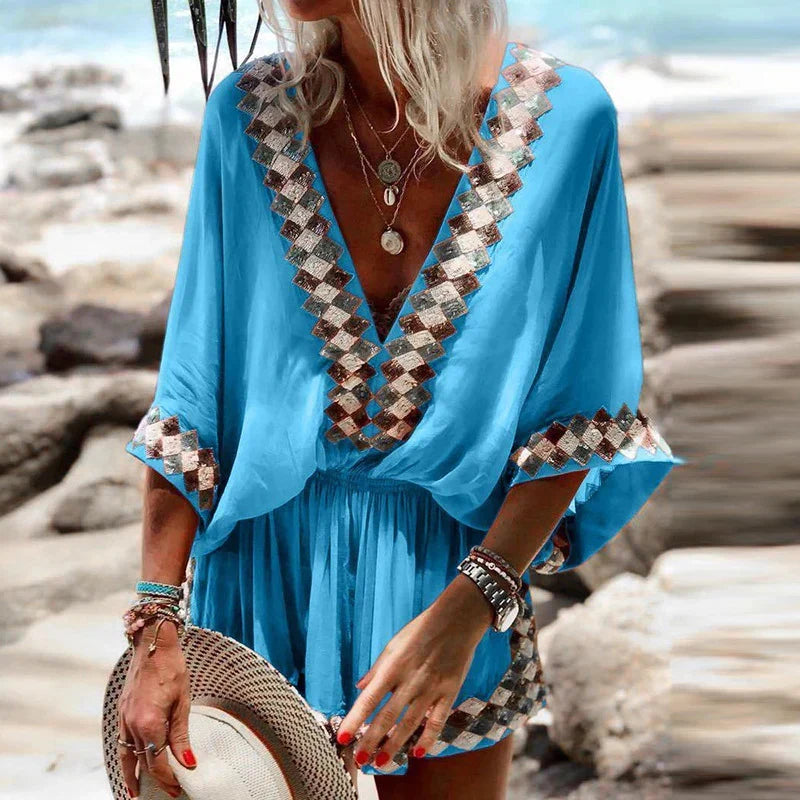 Henley | Dames Boho Romper met V-Hals – Casual Elegante One-Piece met Vloeiende Pasvorm