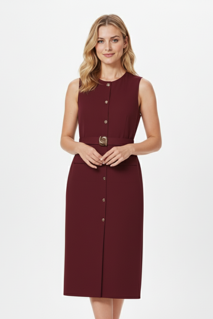 Nerissa | Dames mouwloze midi-jurk – knoopsluiting aan de voorkant, ceintuur in de taille