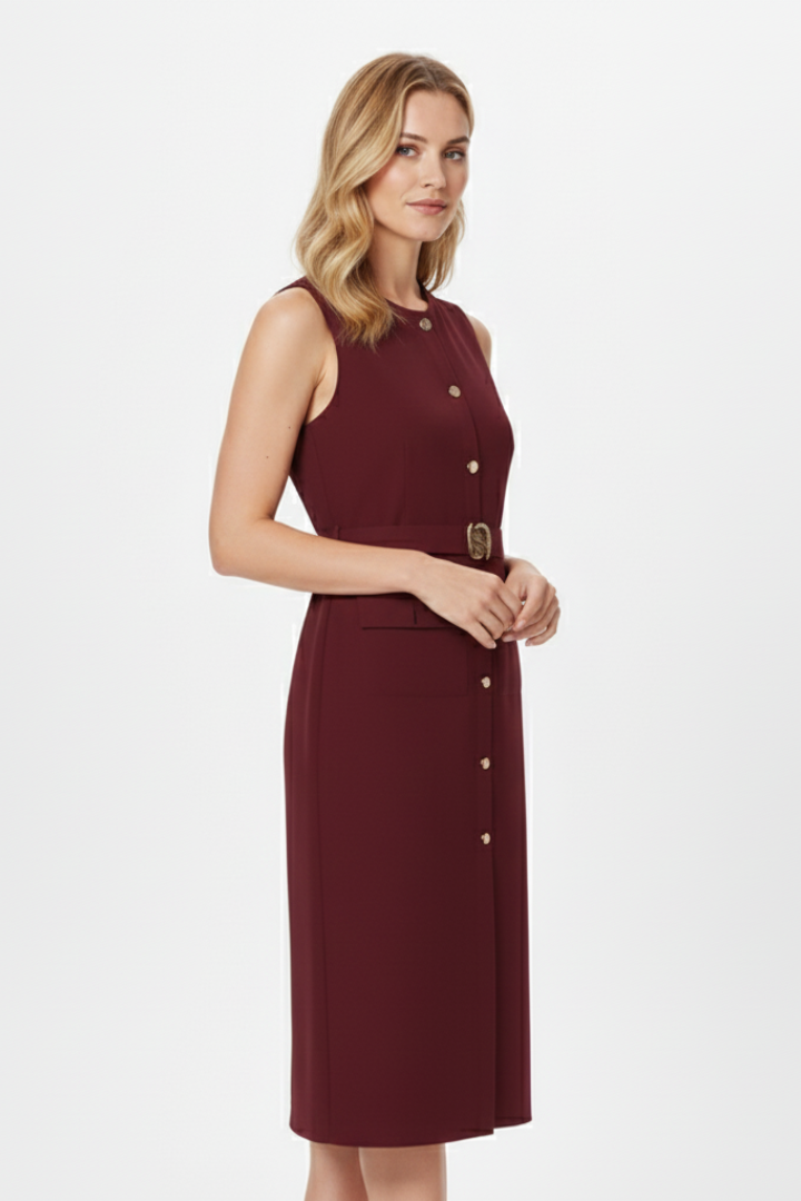 Nerissa | Dames mouwloze midi-jurk – knoopsluiting aan de voorkant, ceintuur in de taille