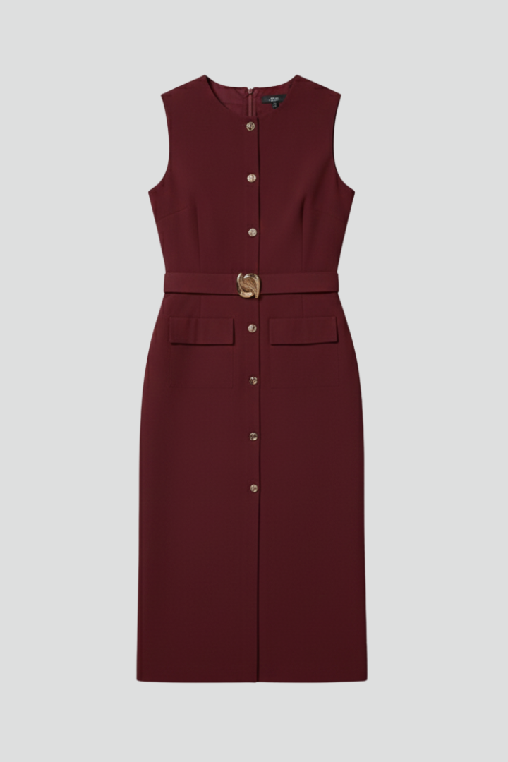 Nerissa | Dames mouwloze midi-jurk – knoopsluiting aan de voorkant, ceintuur in de taille