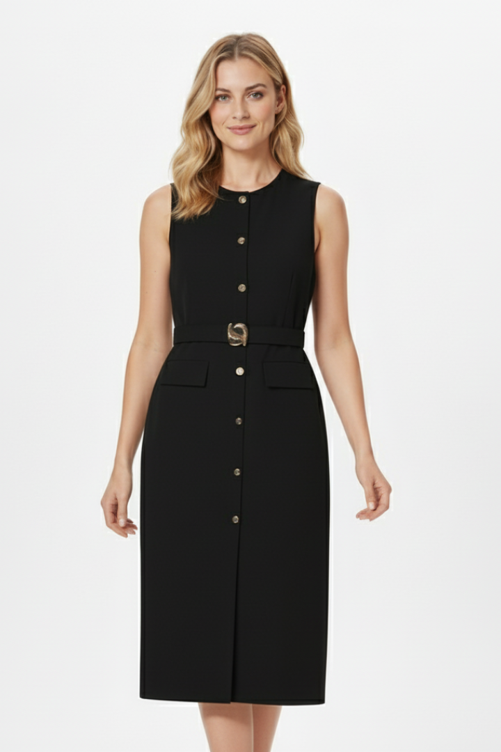 Nerissa | Dames mouwloze midi-jurk – knoopsluiting aan de voorkant, ceintuur in de taille