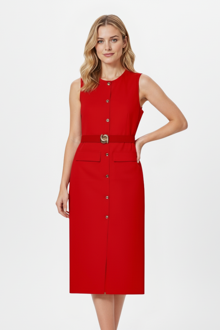 Nerissa | Dames mouwloze midi-jurk – knoopsluiting aan de voorkant, ceintuur in de taille
