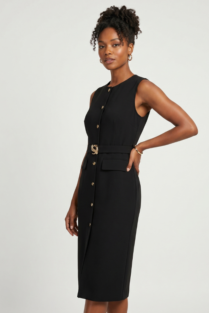 Nerissa | Dames mouwloze midi-jurk – knoopsluiting aan de voorkant, ceintuur in de taille