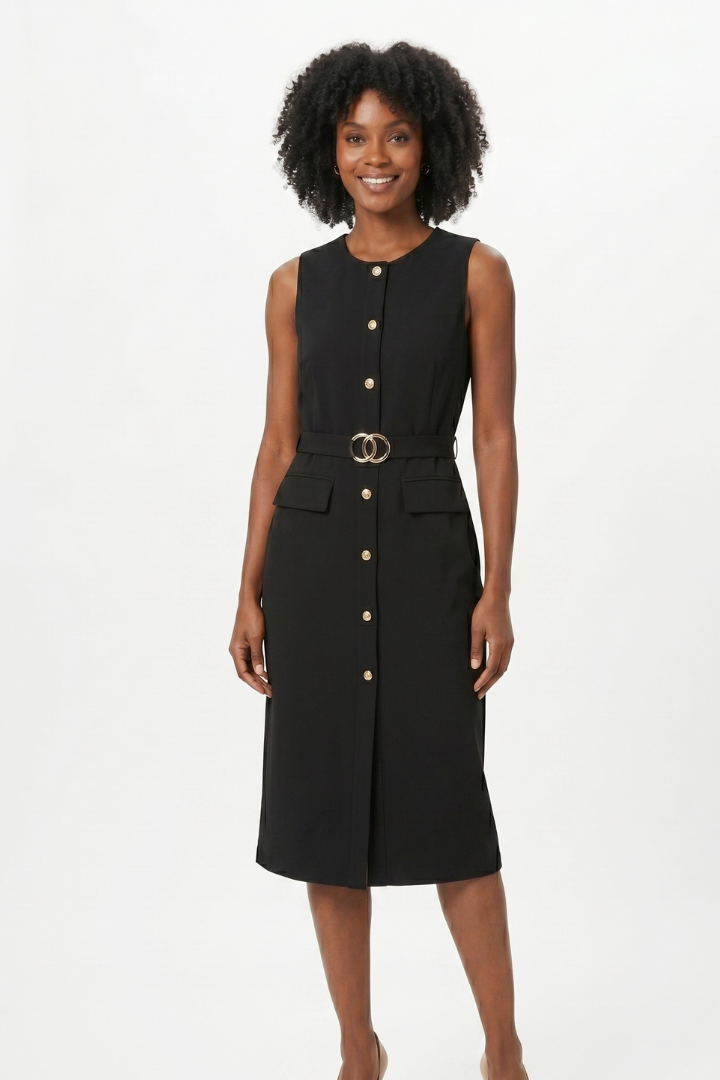 Nerissa | Dames mouwloze midi-jurk – knoopsluiting aan de voorkant, ceintuur in de taille