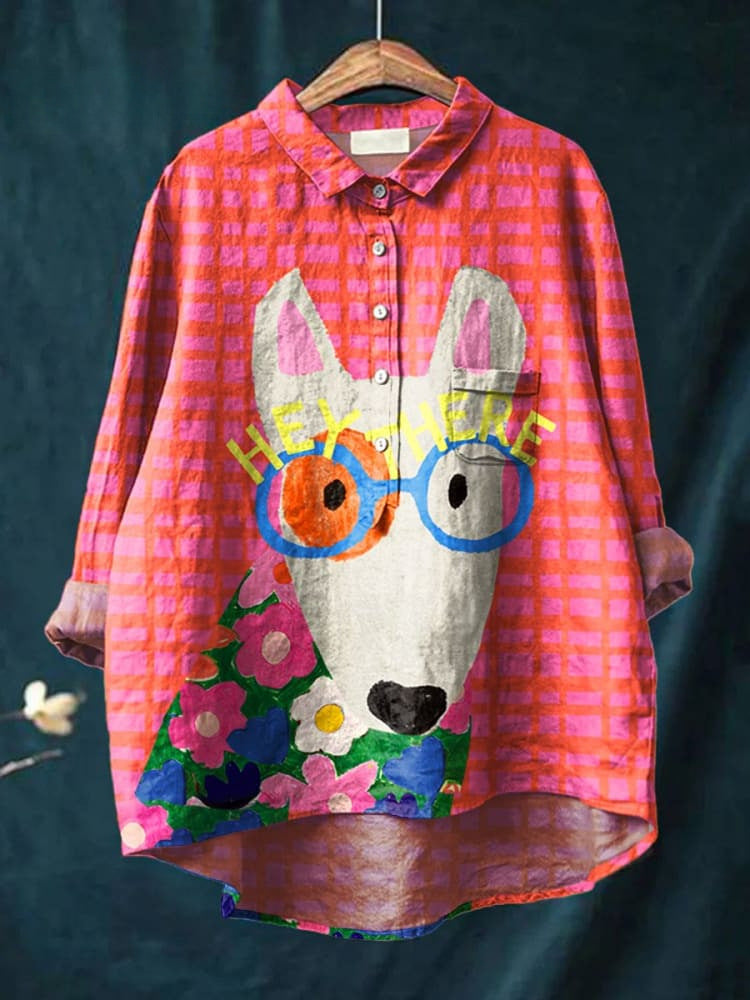 Zarielle | Oversized Dames Blouse – Honden Bedrukt overhemd, Katoen Casual Top