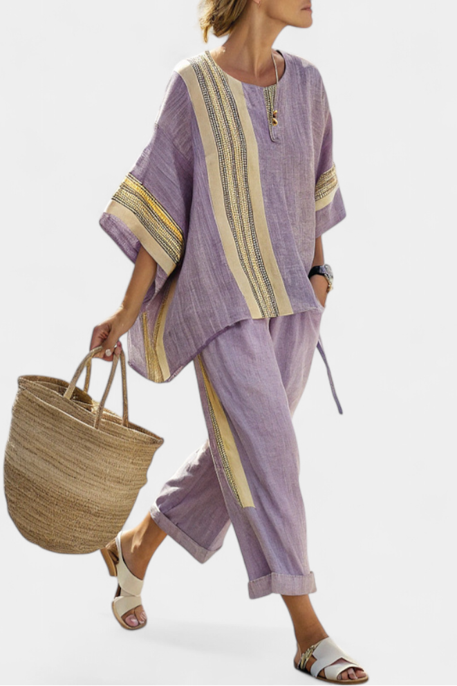 Lula | Casual set voor dames – Top met korte mouwen en een gestreepte broek met wijde pijpen