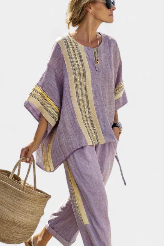 Lula | Casual set voor dames – Top met korte mouwen en een gestreepte broek met wijde pijpen