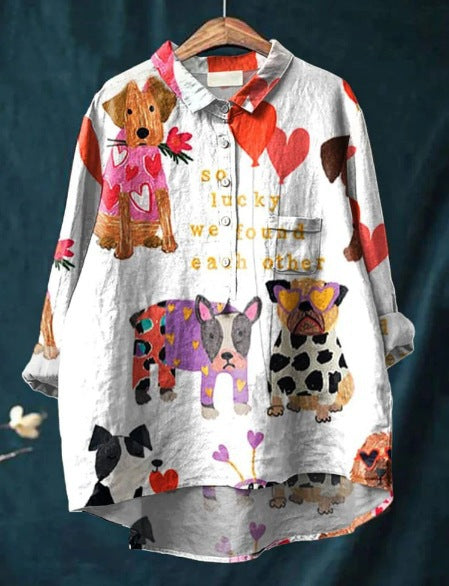 Zarielle | Oversized Dames Blouse – Honden Bedrukt overhemd, Katoen Casual Top