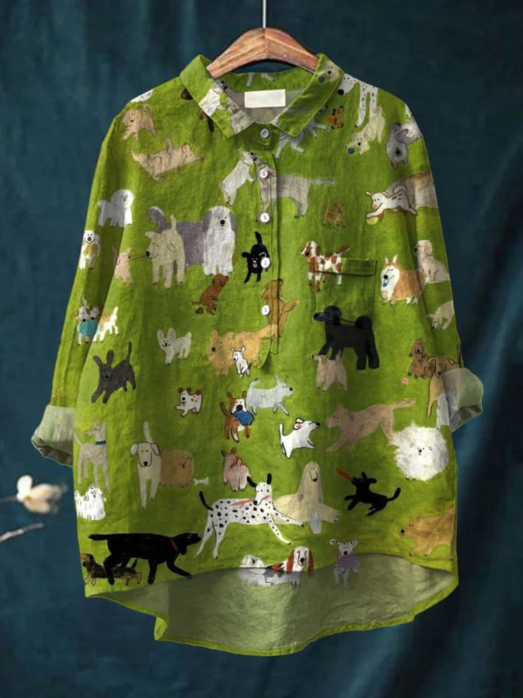 Zarielle | Oversized Dames Blouse – Honden Bedrukt overhemd, Katoen Casual Top