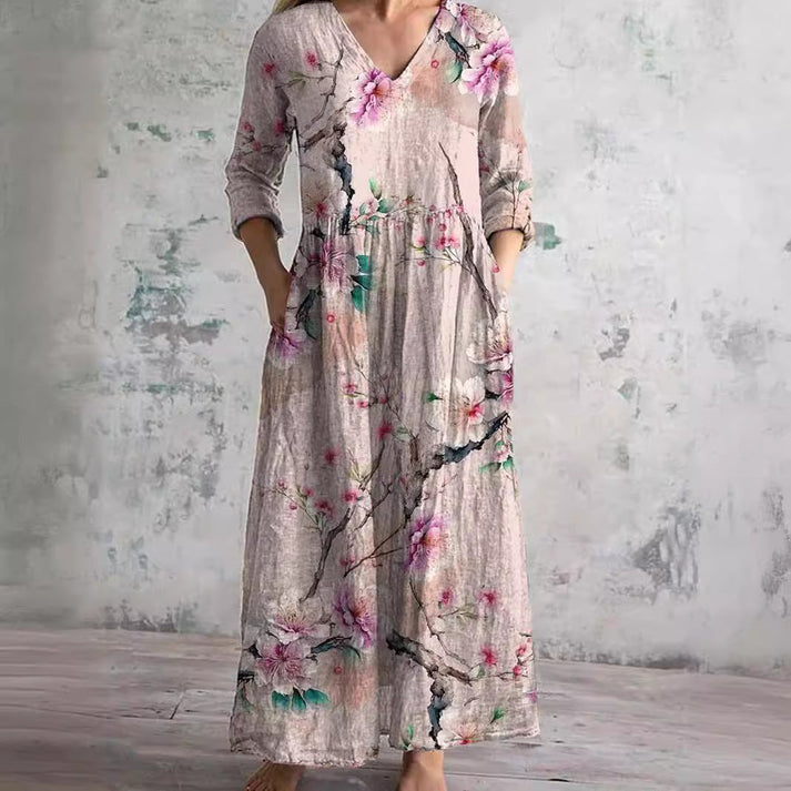 Hartley | Dames Elegante Bloemenjurk – Casual Midi Jurk met Lange Mouwen