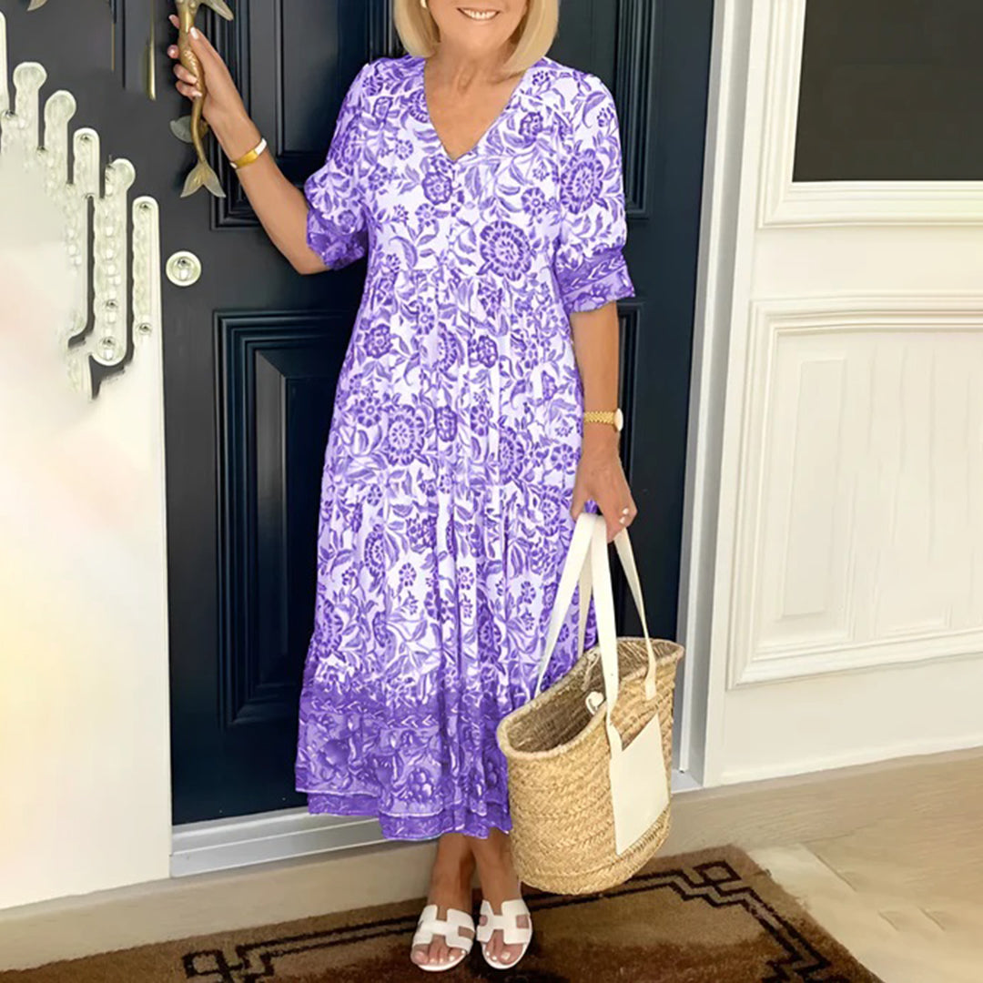 Lina | Dames bloemen casual midi-jurk – elegante zomerjurk, zachte comfortabele zwierige stijl