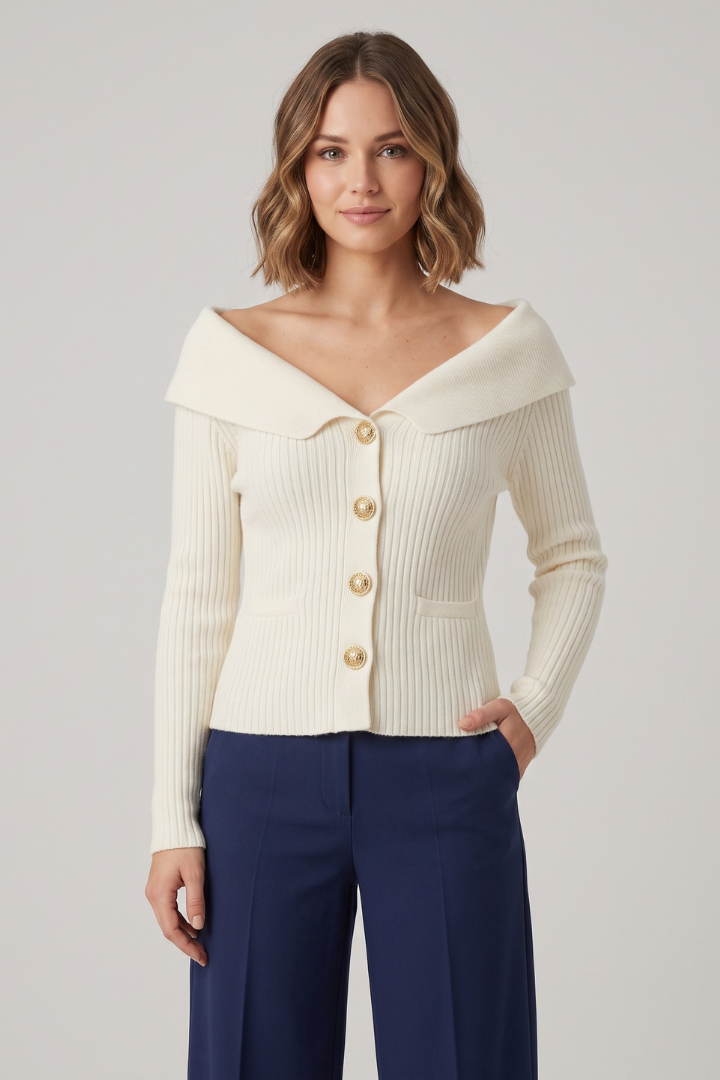 Rosaline | Geribbeld gebreid vest voor dames – omgeslagen hals
