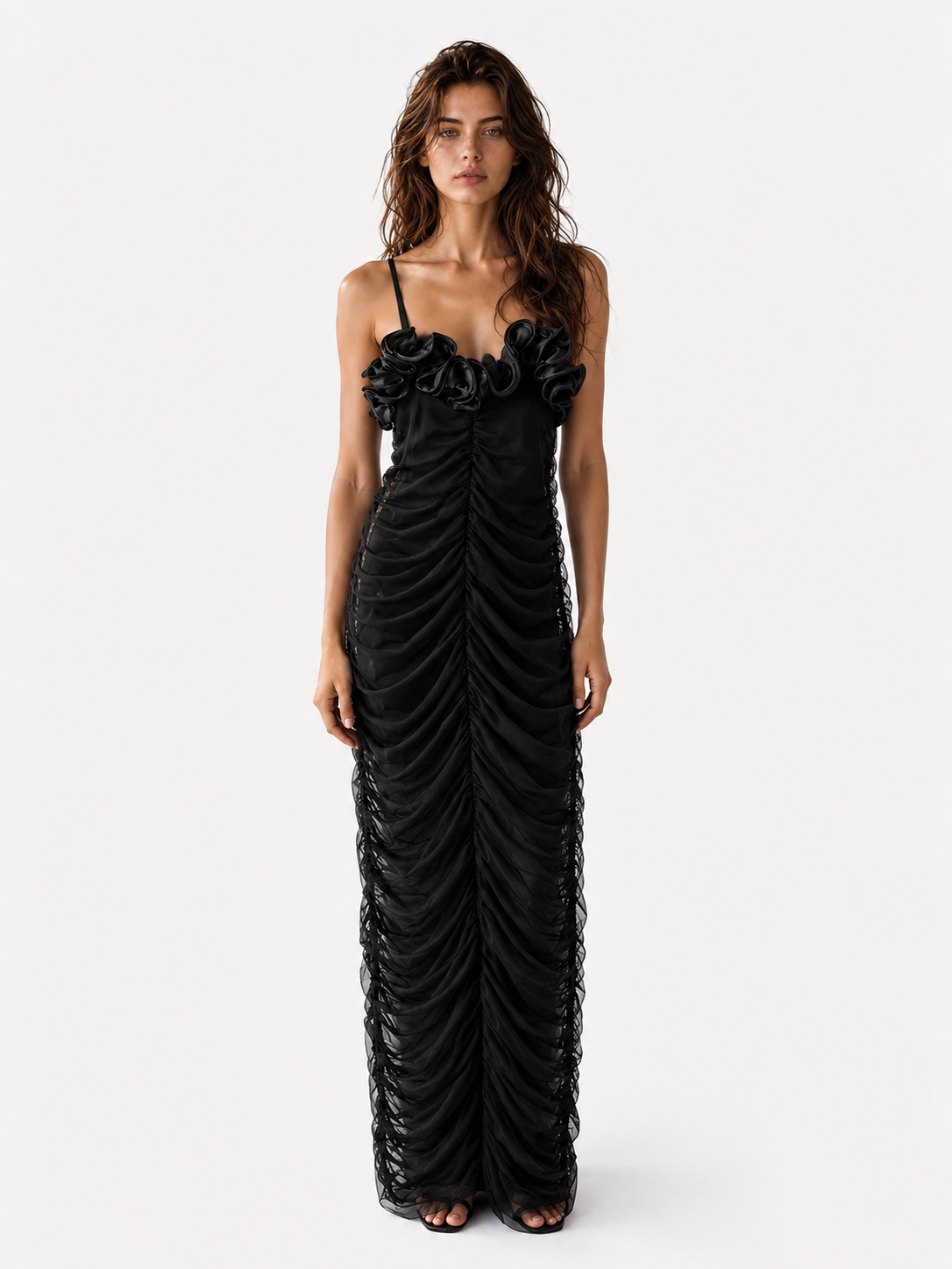 Carina | Dames Elegante Maxi Jurk met Spaghettibandjes – 3D Bloemen Geplooide Feestjurk