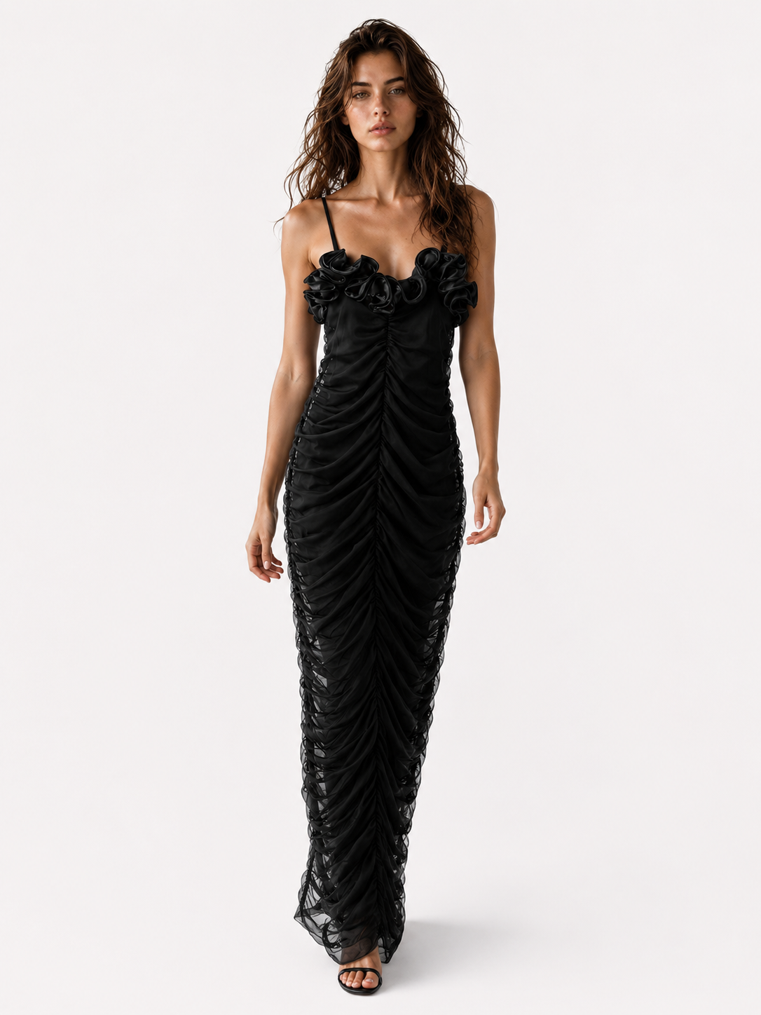 Carina | Dames Elegante Maxi Jurk met Spaghettibandjes – 3D Bloemen Geplooide Feestjurk