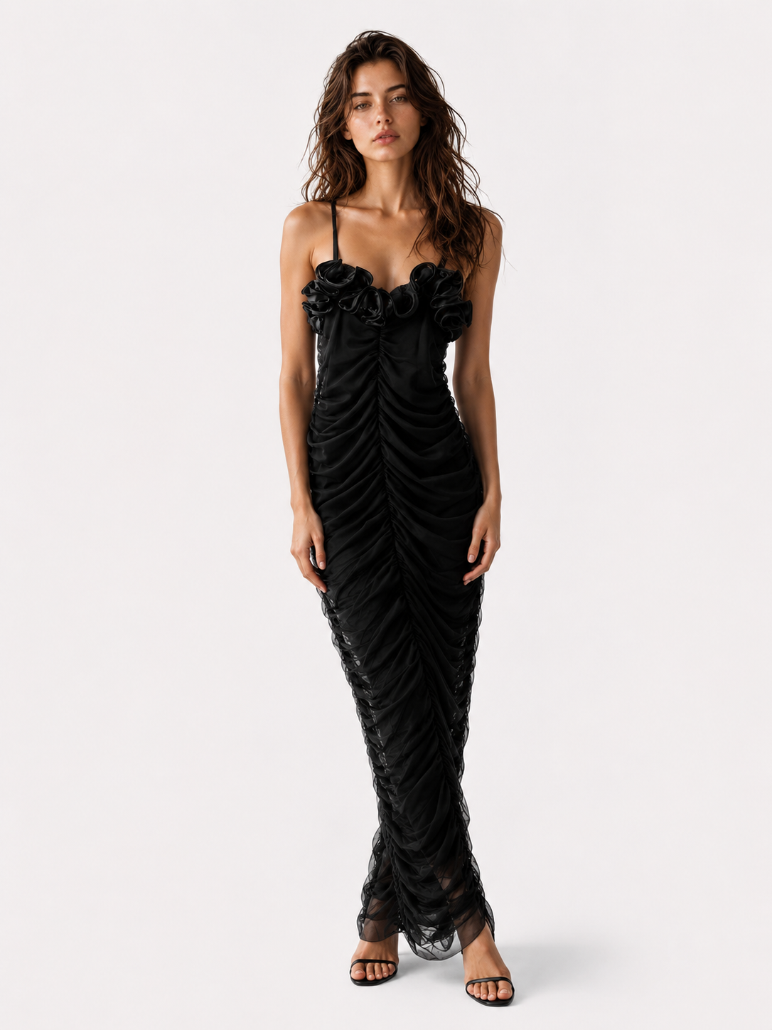 Carina | Dames Elegante Maxi Jurk met Spaghettibandjes – 3D Bloemen Geplooide Feestjurk