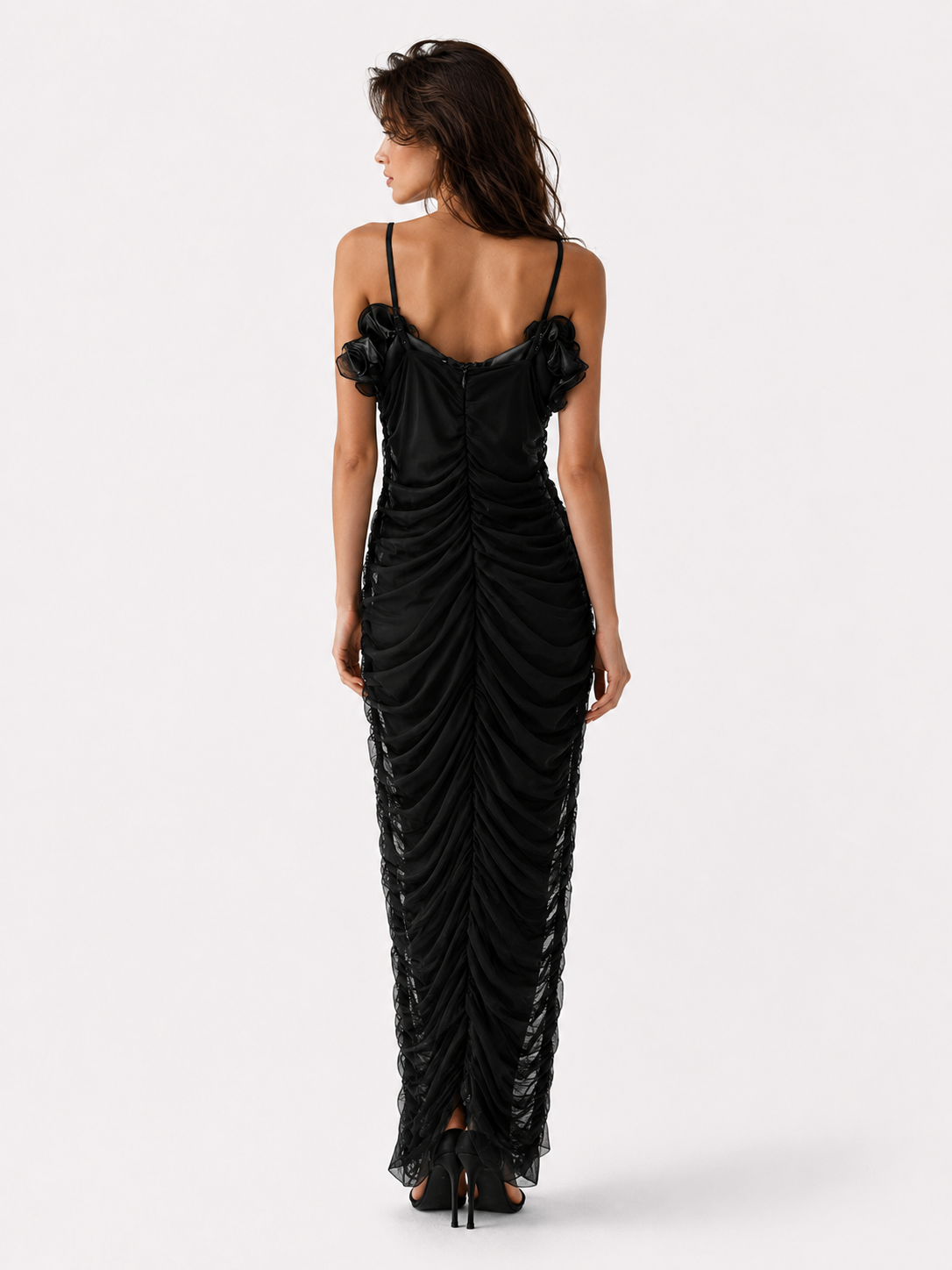 Carina | Dames Elegante Maxi Jurk met Spaghettibandjes – 3D Bloemen Geplooide Feestjurk