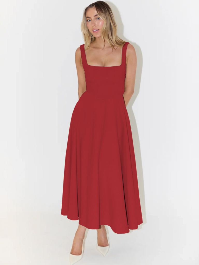 Ember | Dames Midi Jurk met Vierkante Hals – Elegante A-lijn Jurk voor Feesten
