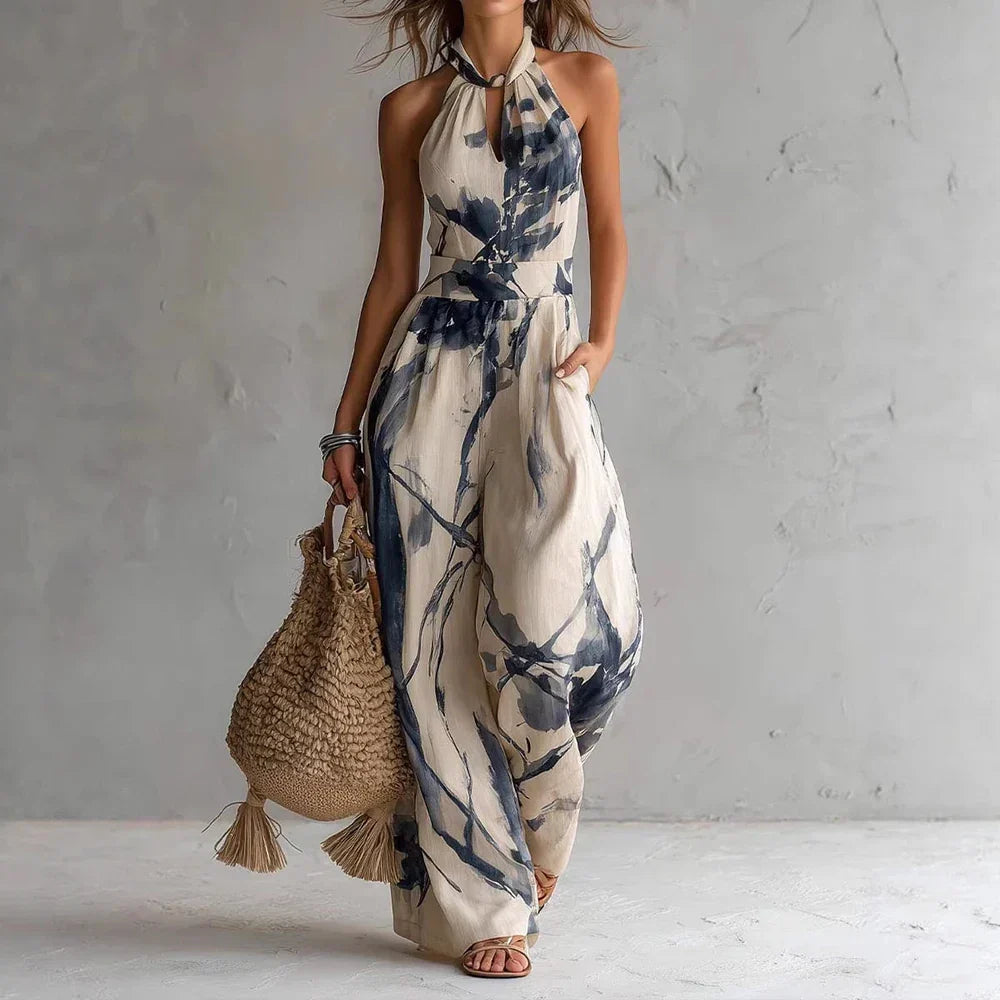 Maeva | Dames Waterverfprint Jumpsuit – Elegante Vloeiende Halter One-Piece
