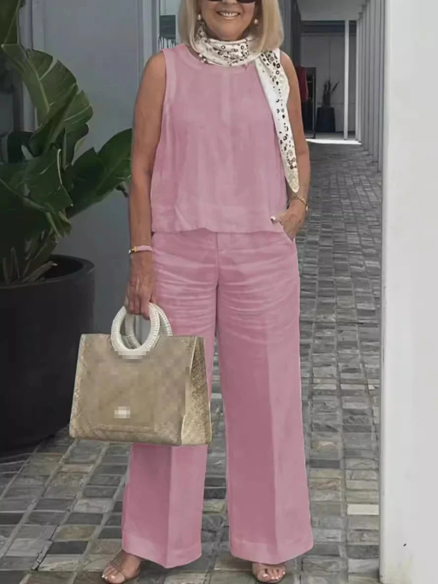 Zorina | Casual katoen-linnen set voor dames – tuniek met lange mouwen en broek met wijde pijpen
