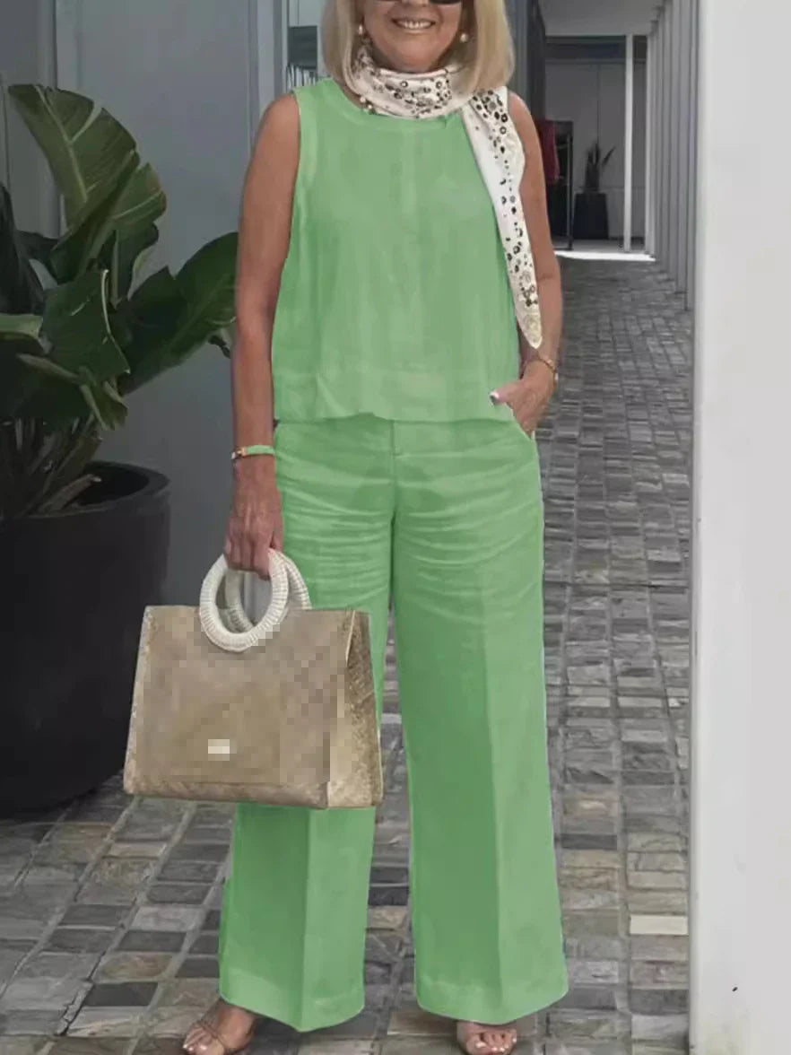 Zorina | Casual katoen-linnen set voor dames – tuniek met lange mouwen en broek met wijde pijpen