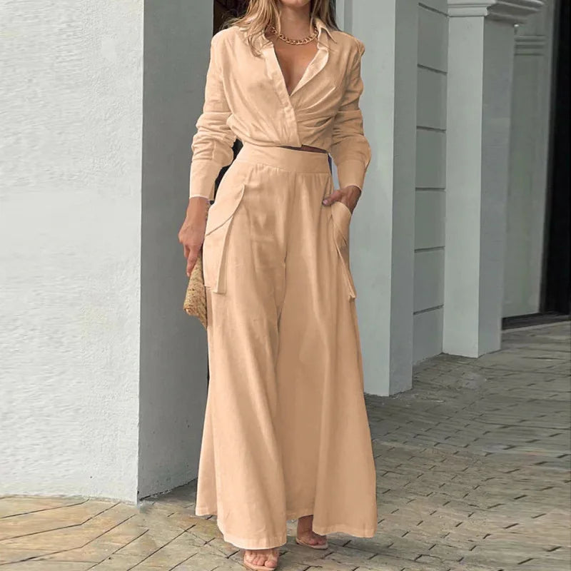 Mireya | Casual tweedelige set voor dames – Set met crop top en wijdvallende palazzo-broek