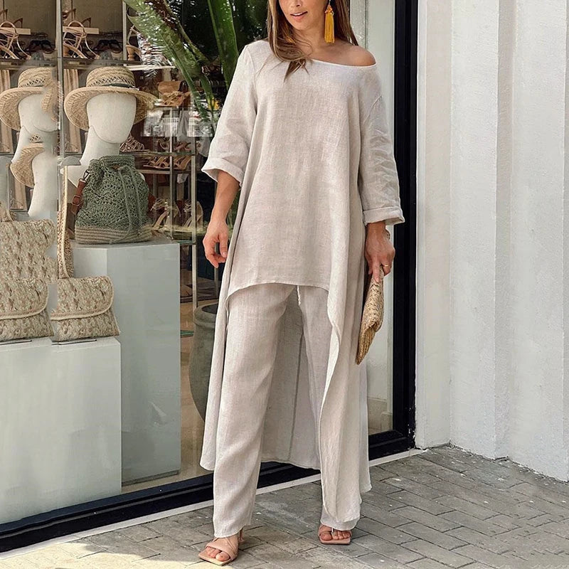Jovessa | Zomerse katoen-linnen set voor dames – bij elkaar passende outfit met top en broek