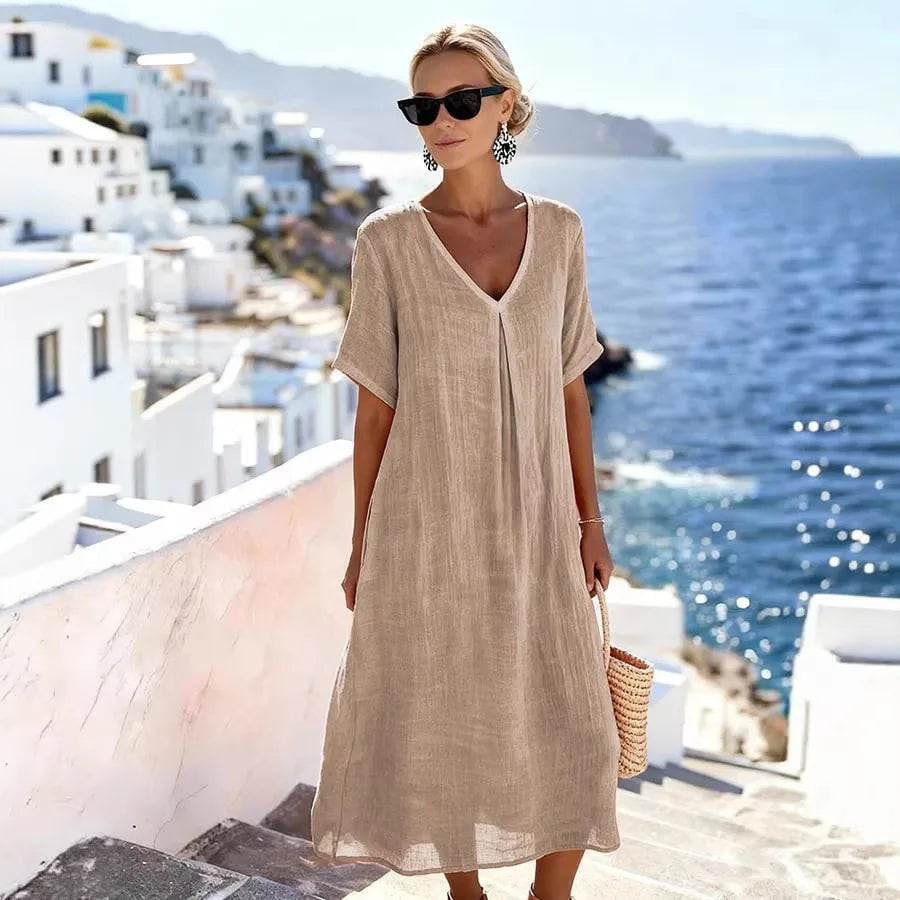 Annalise | Dames Casual Midi Jurk – Elegante V-Hals met Vloeiende Pasvorm