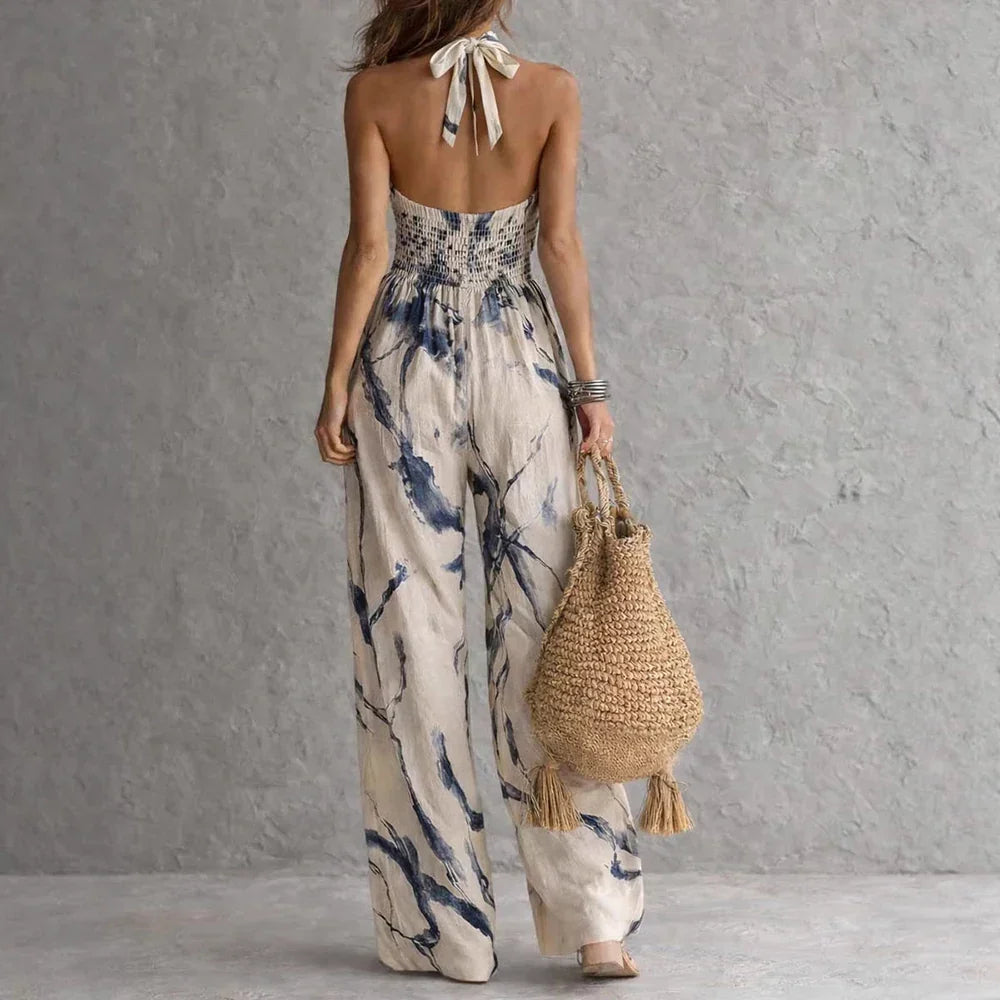 Maeva | Dames Waterverfprint Jumpsuit – Elegante Vloeiende Halter One-Piece