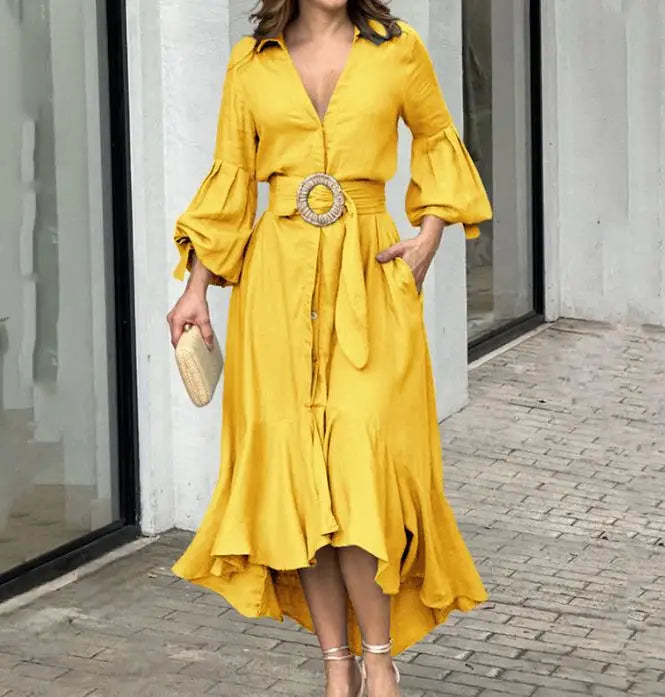 Galisse | cElegante asymmetrische damesjurk – Maxi-jurk met lange mouwen, V-hals