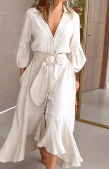 Galisse | cElegante asymmetrische damesjurk – Maxi-jurk met lange mouwen, V-hals