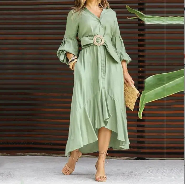 Galisse | cElegante asymmetrische damesjurk – Maxi-jurk met lange mouwen, V-hals