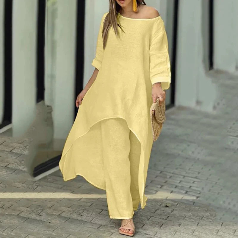 Jovessa | Zomerse katoen-linnen set voor dames – bij elkaar passende outfit met top en broek