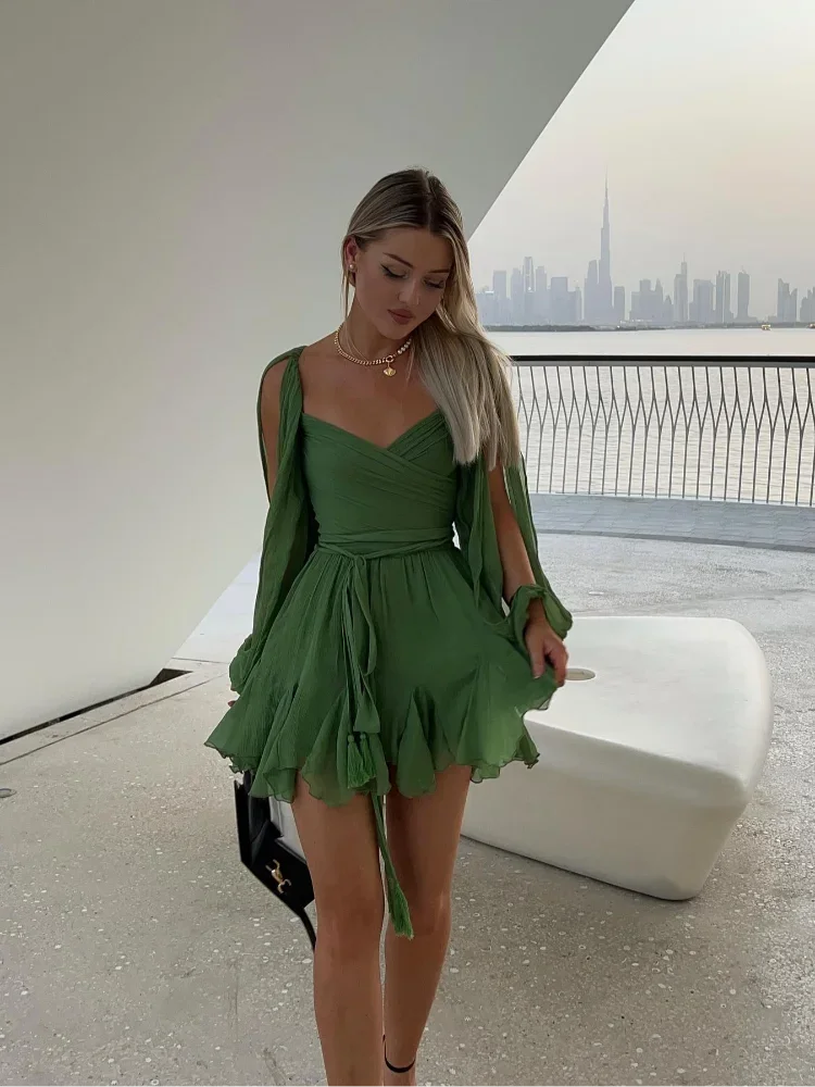 Jada | Groene mini-jurk voor dames – Geplooide jurk met lange mouwen