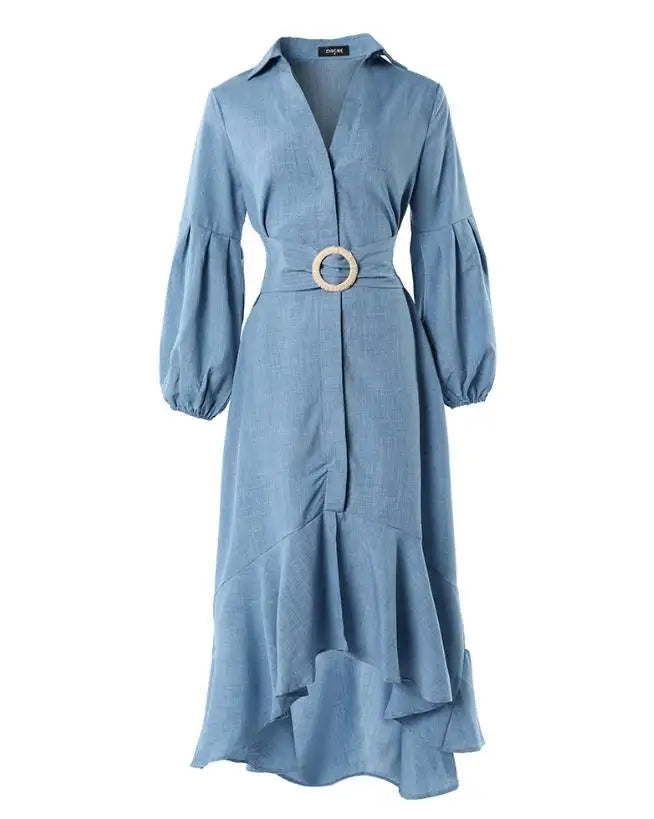 Galisse | cElegante asymmetrische damesjurk – Maxi-jurk met lange mouwen, V-hals